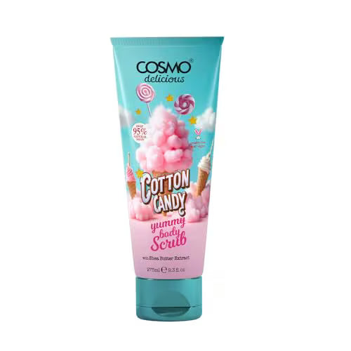 Cosmo Exfoliante Corporal con Manteca de Karité y Algodón de Azúcar Delicioso para Hombres y Mujeres 275ml, Exfoliante Corporal, Hidratante y Nutritivo, Exfoliante de Azúcar, Dulce Fragancia a Algodón de Azúcar, Limpieza Profunda de Piel Muerta
