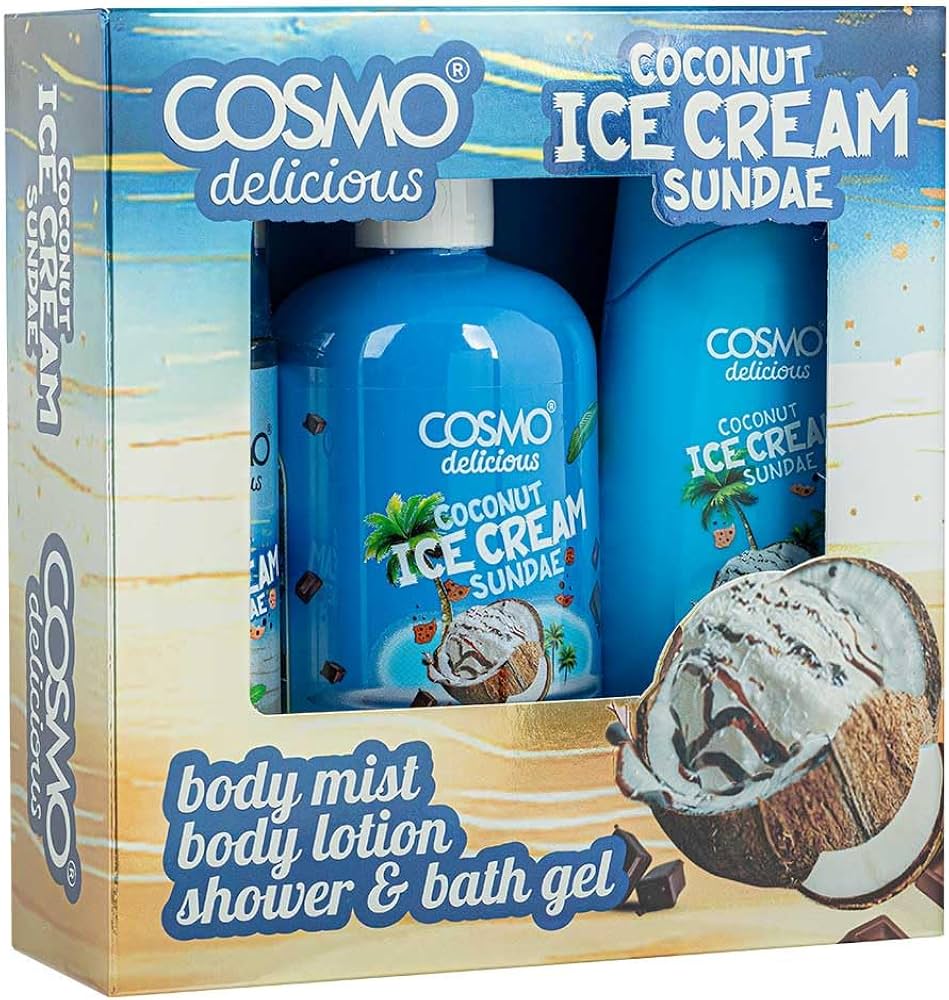 COSMO - Set de regalo Cosmo Skin Care Delicious Coconut Ice Cream Sundae de 3 piezas para mujeres y hombres: bruma perfumada de 150 ml, gel de ducha de aloe vera de 350 ml, loción corporal de manteca de karité de 200 ml,