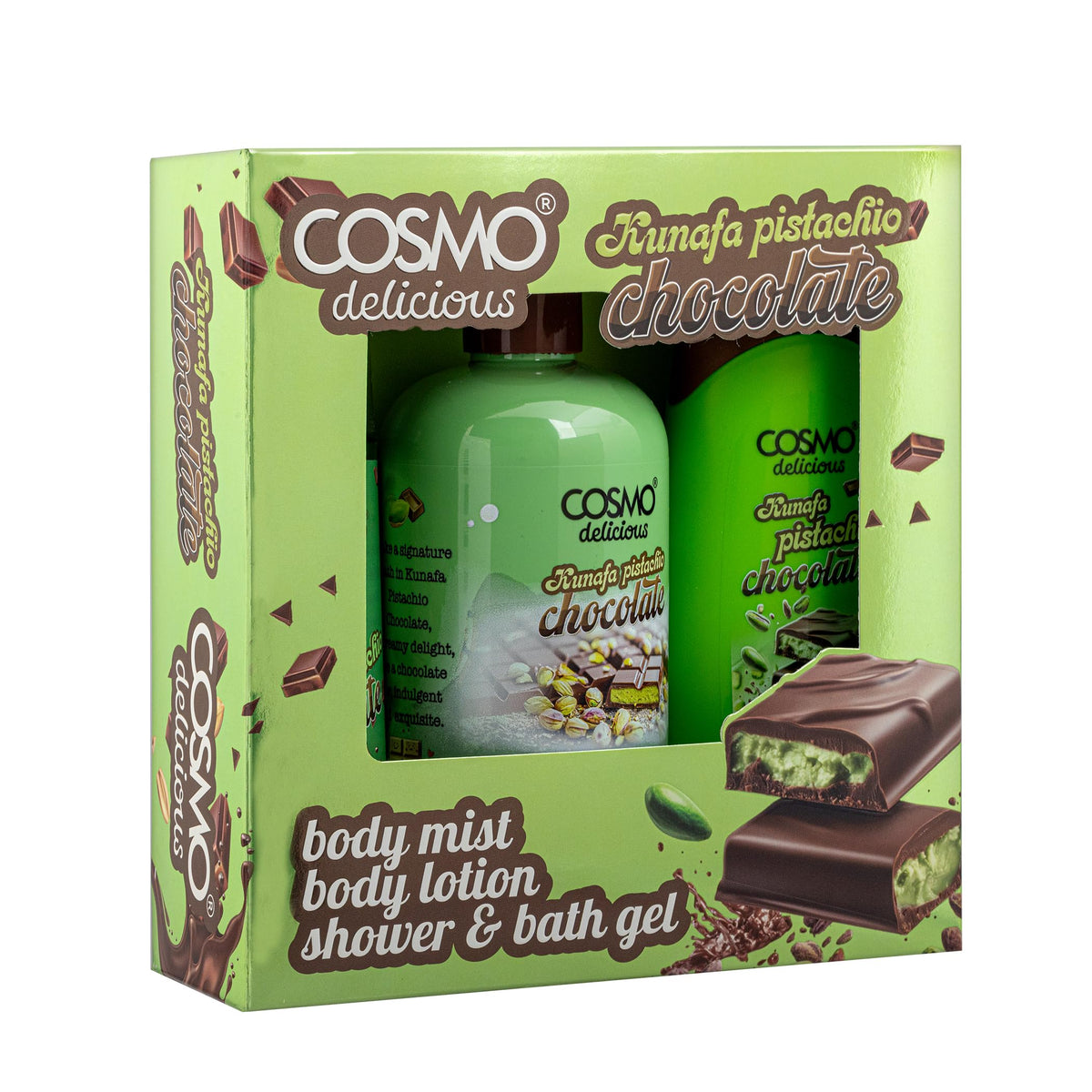 COSMO - Set de cuidado corporal Skin Care Delicious Kunafa de 3 piezas: Gel de ducha - 350 ml | Loción corporal - 200 ml | Bruma perfumada - 150 ml | Piel hidratada y deliciosamente perfumada