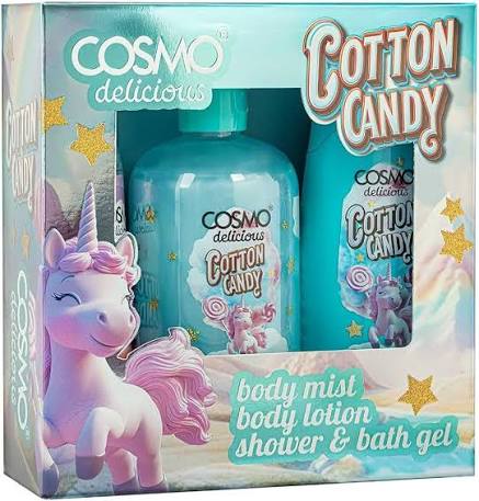 COSMO - Set de regalo Cosmo Skin Care Delicious Cotton Candy de 3 piezas para mujeres y hombres: bruma perfumada de 150 ml, gel de ducha de aloe vera de 350 ml y crema corporal de manteca de karité de 200 ml.