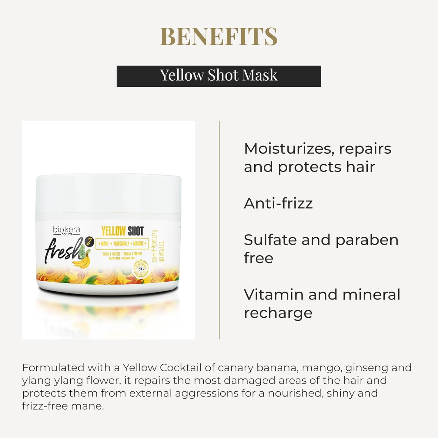 SALERM - Mascarilla Reparadora Cabello muy Dañado - Biokera Fresh Yellow Shot Mascarilla - 250 ml - Hidratra, Repara y Protege el Cabello - Antiencrespamiento - Sin Sulfatos ni Parabenos
