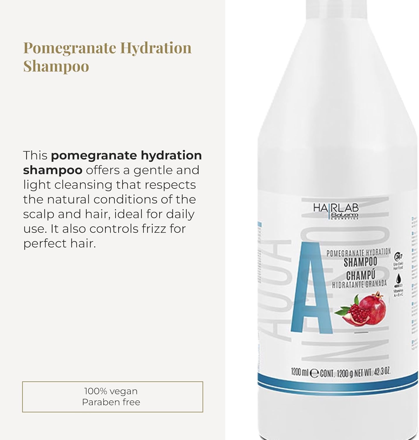SALERM - Champú Hidratante - Hair Lab Granada - 1200 ml - Limpieza Suave - Apto para Uso Diario - con Vitaminas A, B y C - sin Parabenos - Vegano - Olor a Fresa