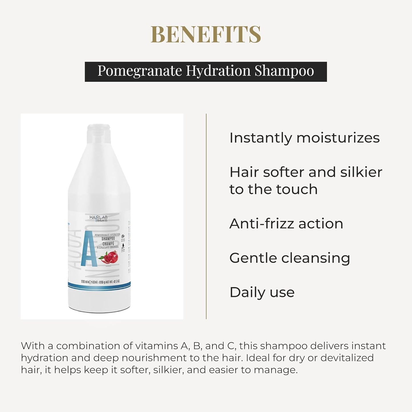 SALERM - Champú Hidratante - Hair Lab Granada - 1200 ml - Limpieza Suave - Apto para Uso Diario - con Vitaminas A, B y C - sin Parabenos - Vegano - Olor a Fresa