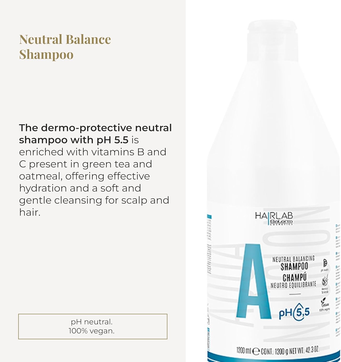SALERM - Champú Neutro Dermoprotector - Hair Lab Neutral Balancing - 1200 ml - pH Neutro - para Todo Tipo de Cabellos - con VItaminas B y C - Hidrata y Cuida el Cuero Cabelludo - Anti Encrespamiento