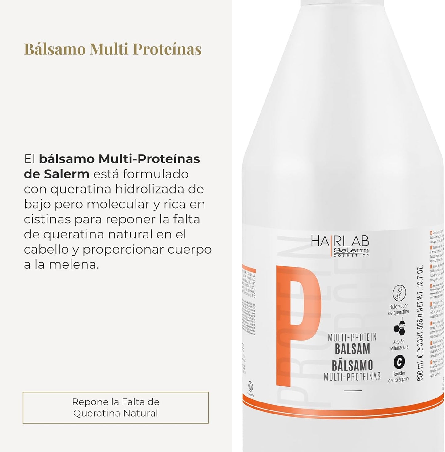 SALERM - Acondicionador Cabello - Bálsamo Multi-Proteínas Hair Lab - 600 ml - Repone la Falta de Queratina Natural - Proporciona Cuerpo a la Melena - Fortalece y Repara el Cabello - Sin Parabenos