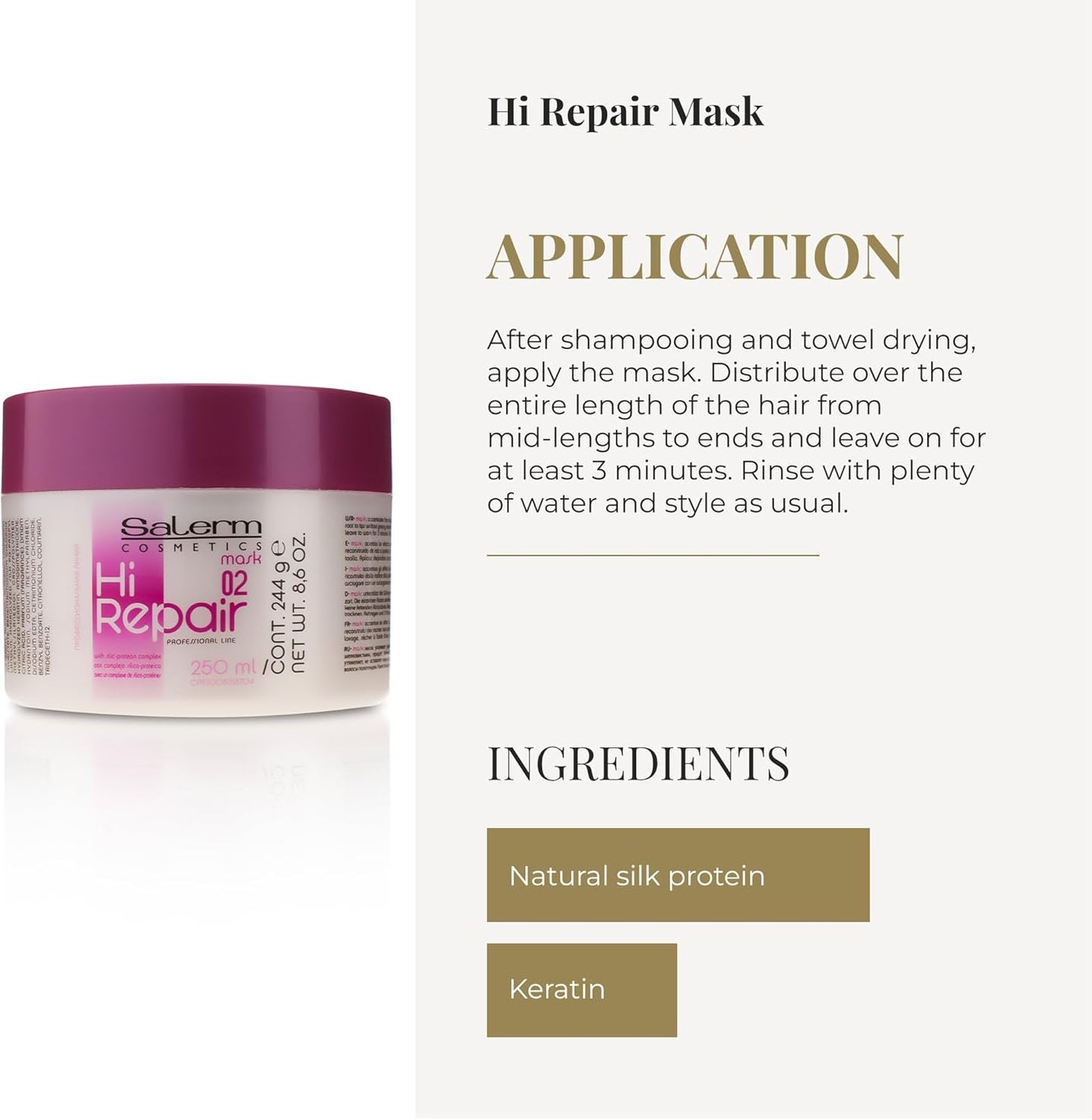 SALERM - Mascarilla Reparadora Cabello - Hi Repair Mask 02-250 ml - Hidratación Profunda Cabello Dañado - Repara y Rejuvenece - Melena más Brillante y Suave - Efecto Inmediato