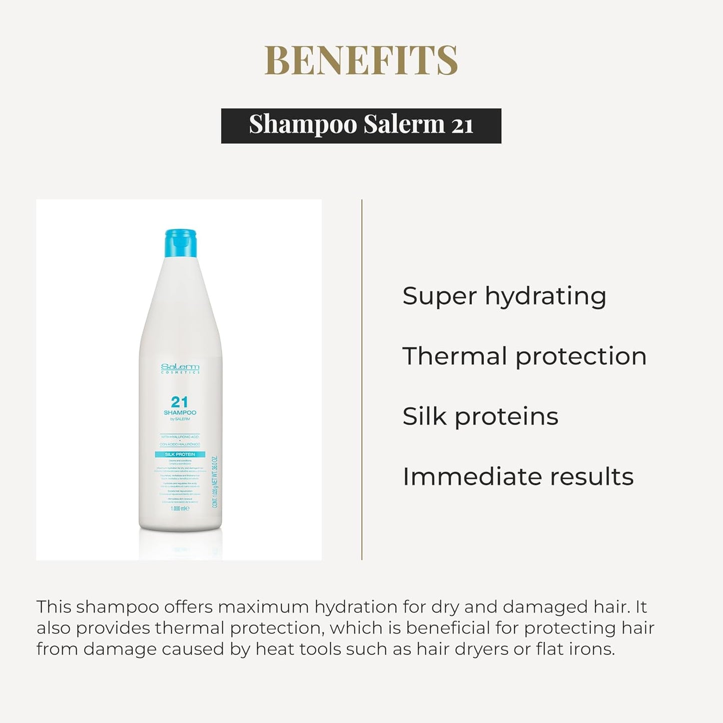 SALERM - Champú Hidratante - Salerm 21 Silk Protein - 1000 ml - Pelo Seco y Dañado - Proteínas de Seda - Nutre, Repara y Revitaliza el Cabello - Protección Térmica