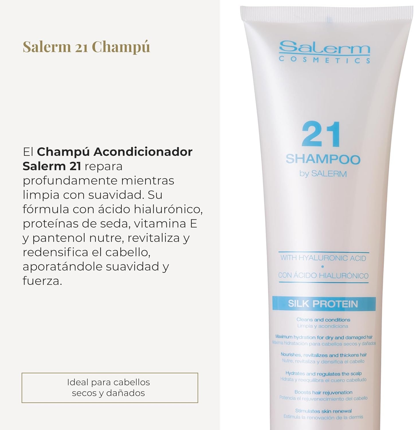 SALERM - Champú Hidratante - Salerm 21 Silk Protein - 300 ml - para Pelo Seco y Dañado - con Proteínas de Seda - Nutre, Repara y Revitaliza el Cabello - Protección Térmica