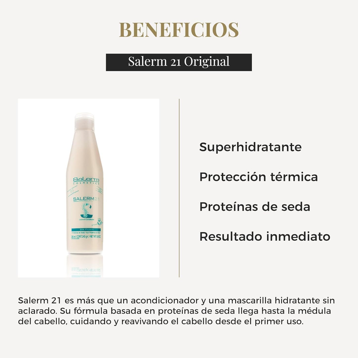 SALERM - Acondicionador de Pelo Instantáneo - Salerm 21 Silk Protein - 250 ml - sin Aclarado o con Aclarado - con Proteínas de Seda - Protector del Calor e Hidratante