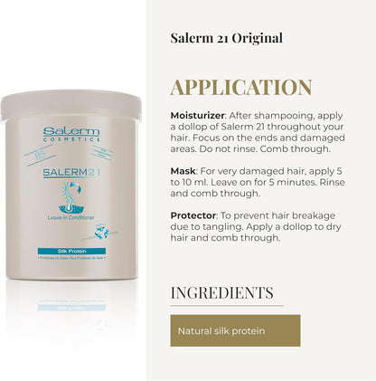 SALERM - Acondicionador de Pelo Instantáneo - Salerm 21 Silk Protein - 1000 ml - Acondicionador sin Aclarado o con Aclarado - con Proteínas de Seda - Protector del Calor e Hidratante