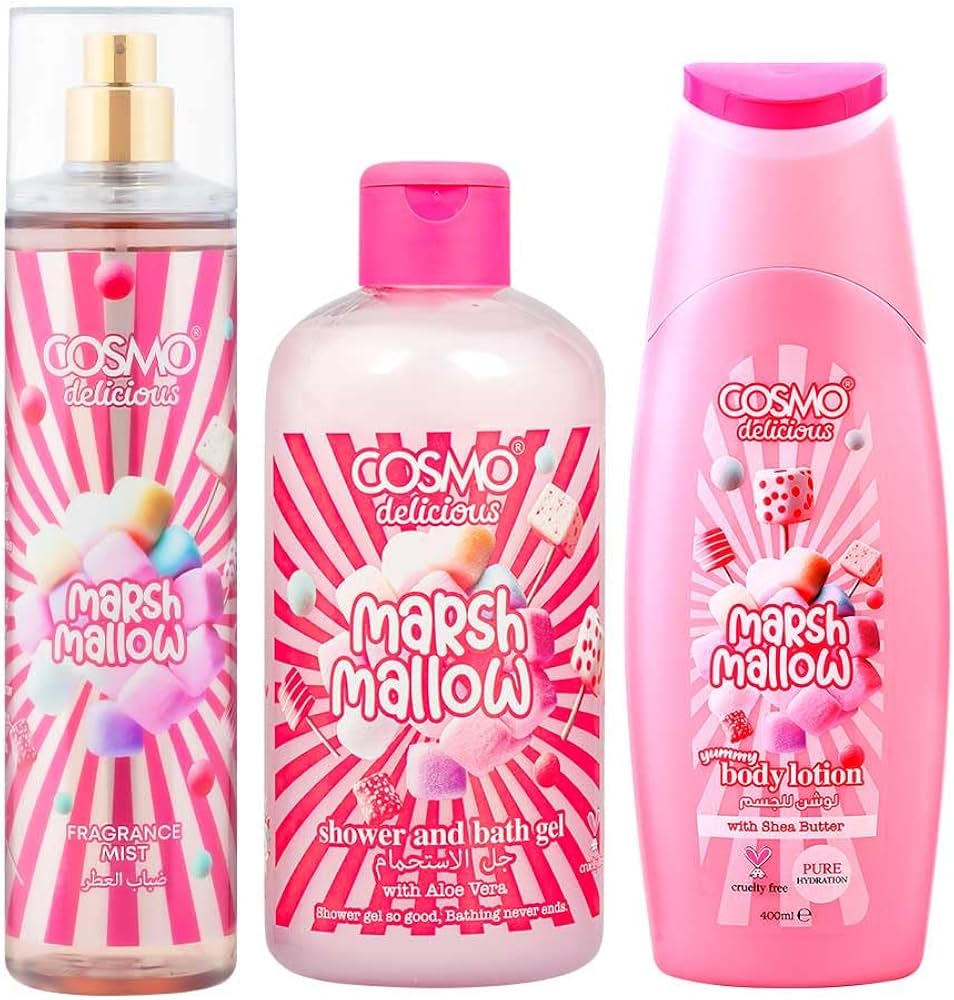 COSMO - Set de regalo Cosmo Skin Care Delicious Marshmallow de 3 piezas para mujeres y hombres: bruma perfumada de 150 ml, gel de ducha de aloe vera de 350 ml, loción corporal de manteca de karité de 200 ml.