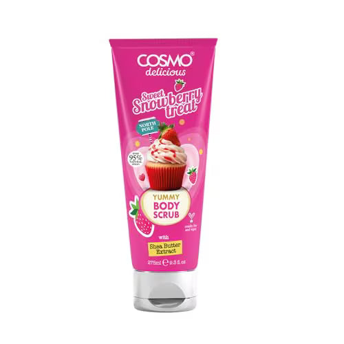 Cosmo Delicious Sweet Snowberry Treat con manteca de karité Exfoliante corporal para hombres y mujeres 275 ml, exfoliante corporal, hidratante y nutritivo, exfoliante de azúcar, aroma a frutos rojos, elimina las células muertas y limpia en profundidad.