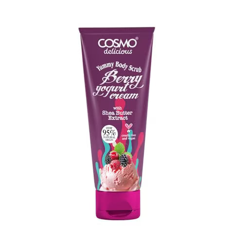 COSMO - Exfoliante corporal Cosmo Delicious Berry Yogurt Cream con manteca de karité para hombres y mujeres, 275 ml. Exfoliante corporal hidratante y nutritivo. Exfoliante de azúcar con aroma a frutos rojos y yogur. Limpieza profunda de la piel muerta.