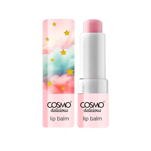 COSMO - Bálsamo labial Cosmo Delicious Cotton Candy de 4,5 g, cuidado labial dulce e hidratante, hidratación brillante con sabor clásico a caramelo, bálsamo suave para labios suaves.