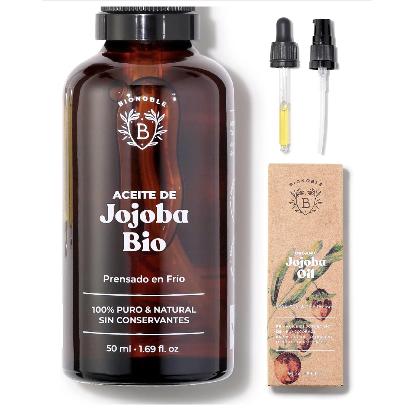 Bionoble Organic Jojoba Oil - 50ml - 100% Puro, Natural y Prensado en Frío - Rostro, Cuerpo, Cabello, Barba, Uñas - Vegano y Cruelty Free