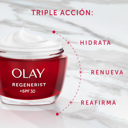 Olay Regenerist Crema Facial De Día Con SPF 30, Fórmula Con Niacinamida (Vitamina B3) Y Péptidos, Hidrata Al Instante Y Durante 24H, Piel Más Firme En 14 Días, Uso Diario, 50ml