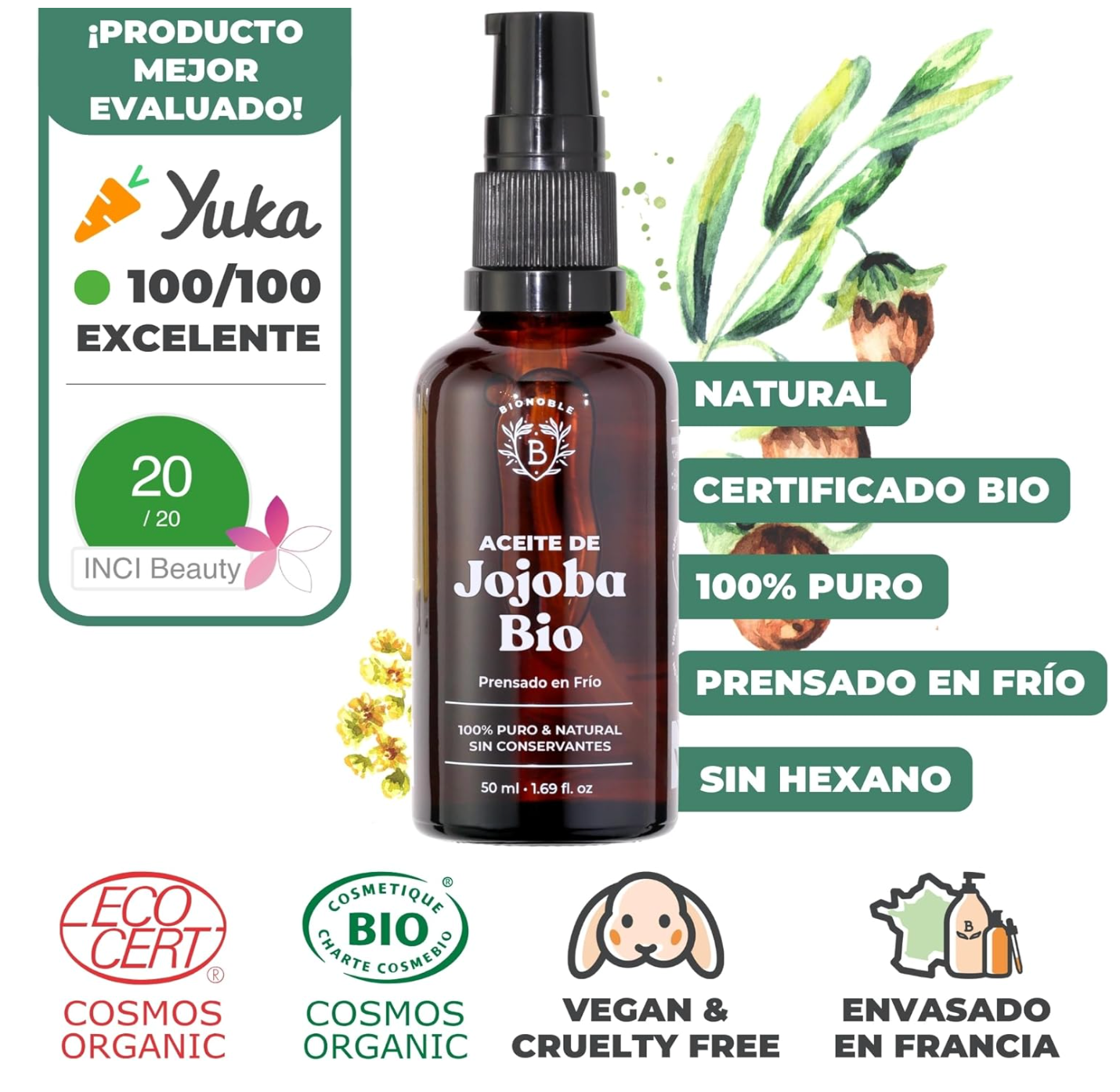 Bionoble Organic Jojoba Oil - 50ml - 100% Puro, Natural y Prensado en Frío - Rostro, Cuerpo, Cabello, Barba, Uñas - Vegano y Cruelty Free