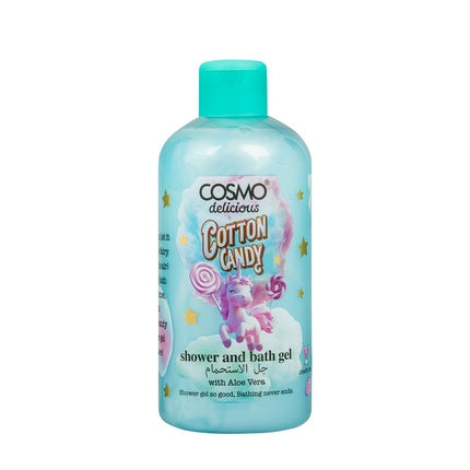 Cosmo Delicious Cotton Candy con gel de ducha y baño de aloe vera 500 ml, gel de baño hidratante y refrescante, dulce fragancia a algodón de azúcar, elimina las células muertas de la piel, limpiador corporal, gel de ducha para mujeres y hombres.