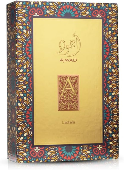 Lattafa Ajwad Eau de Parfum Perfume Unisex, Fragancia Oriental, con notas de Bergamota, Jazmín, Rosa, Canela, Cedro, Ámbar y Vainilla 60ml