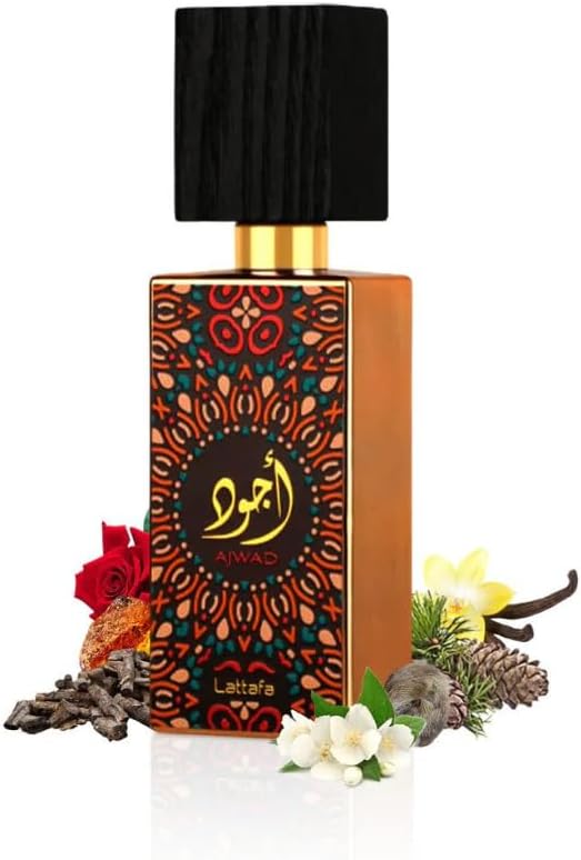 Lattafa Ajwad Eau de Parfum Perfume Unisex, Fragancia Oriental, con notas de Bergamota, Jazmín, Rosa, Canela, Cedro, Ámbar y Vainilla 60ml