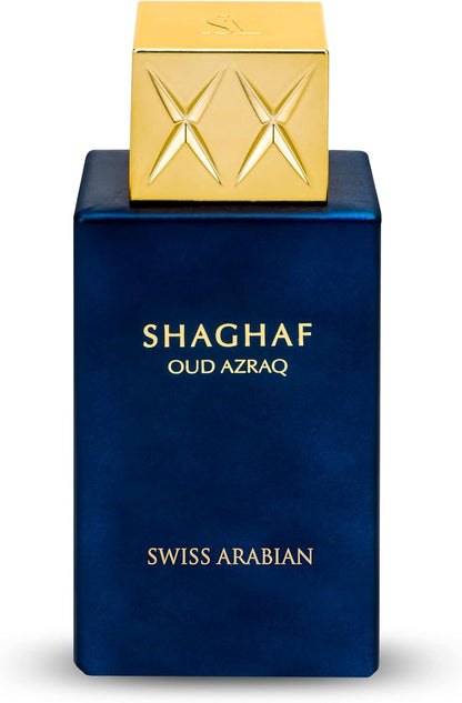 Swiss Arabian Shaghaf Oud Azraq, edición limitada, productos de lujo de Dubái, fragancia en aerosol EDP de larga duración, miel, oud y vainilla, 75 ml