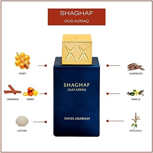 Swiss Arabian Shaghaf Oud Azraq, edición limitada, productos de lujo de Dubái, fragancia en aerosol EDP de larga duración, miel, oud y vainilla, 75 ml