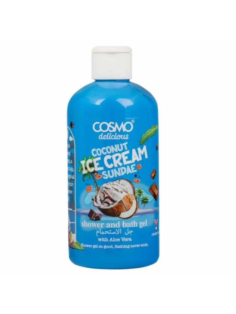 Gel de ducha y baño Cosmo Delicious Coconut Ice Cream Sundae con aloe vera 500 ml, gel de baño hidratante y refrescante, aroma a coco tropical, elimina las células muertas de la piel, limpiador corporal, gel de ducha para mujeres y hombres.