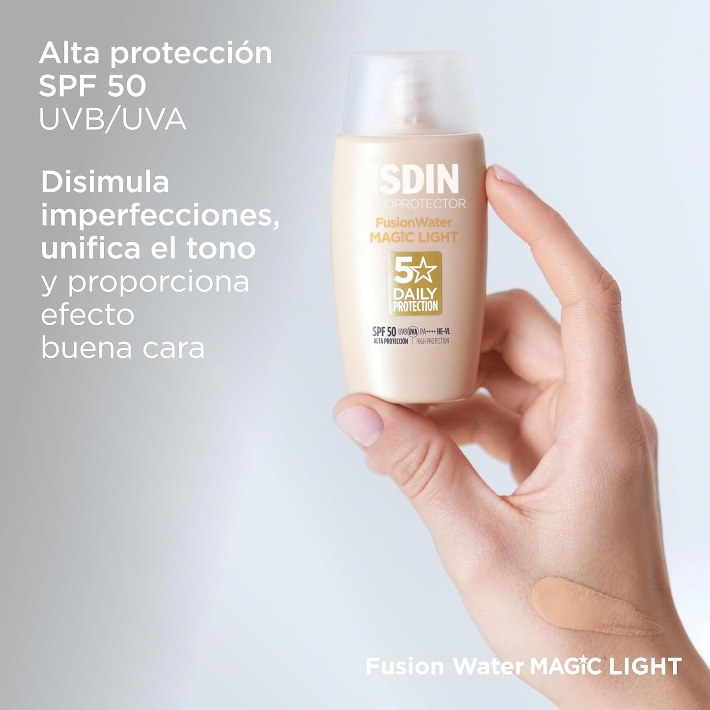 Fotoprotector ISDIN Fusion Water Color Light SPF 50, Protector Solar Facial con Color, Ligero e Hidratante, Cobertura Natural, Efecto Buena Cara, Disimula Imperfecciones, 50 ml