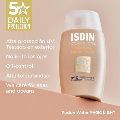 Fotoprotector ISDIN Fusion Water Color Light SPF 50, Protector Solar Facial con Color, Ligero e Hidratante, Cobertura Natural, Efecto Buena Cara, Disimula Imperfecciones, 50 ml